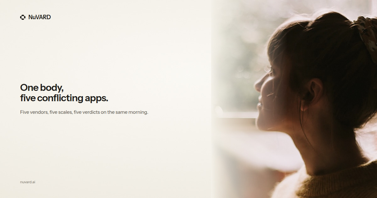 A woman in profile at a window. Headline: one body, five conflicting apps.